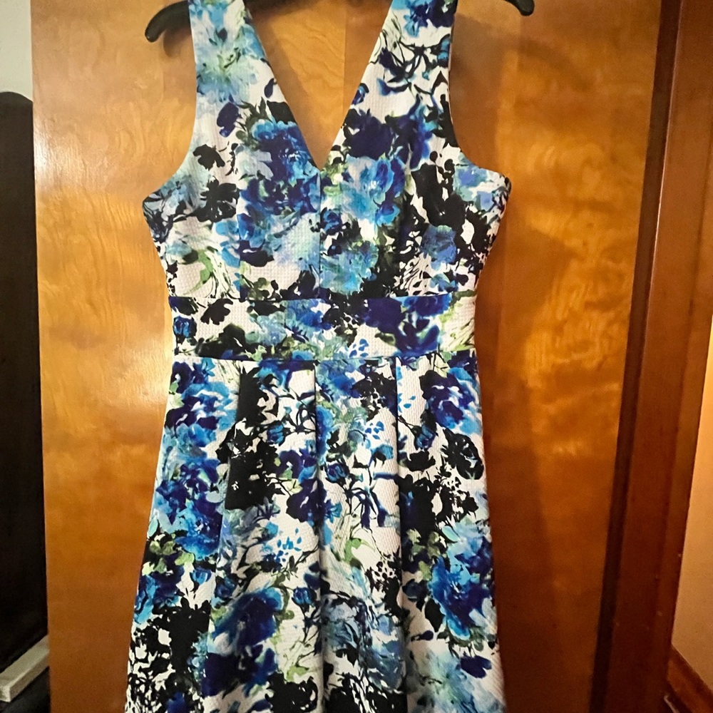Haute Monde Blue and Black Sleeveless V-Neck Midi Dress